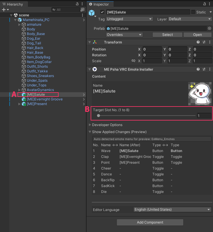 Emote Installer quick setup (A: drag under avatar, B: set slot index)
